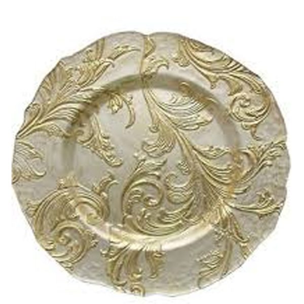 Charger White Gold Floral Glass