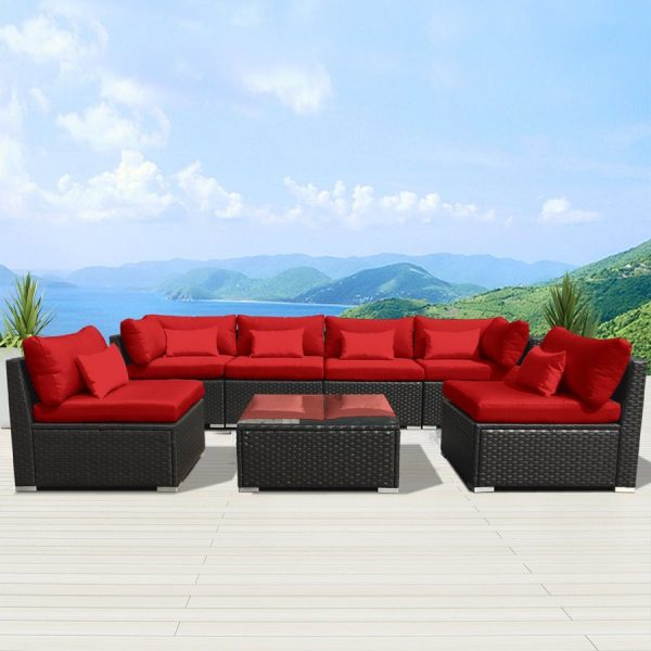 Big Outdoors - 7pc Rattan Wicker Sectional - Brown with Red Cushions