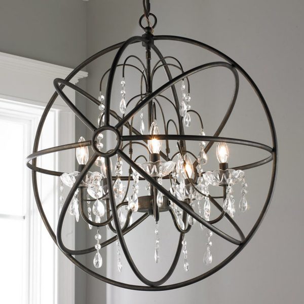 Large Crystal & Metal Orb Chandelier - 6 light